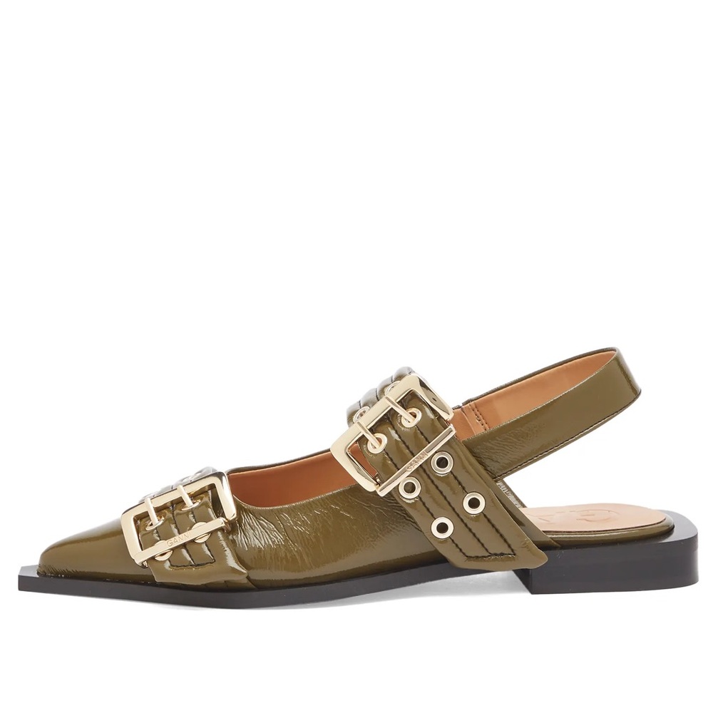 GANNI Feminine Buckle Ballerinas in Military Olive